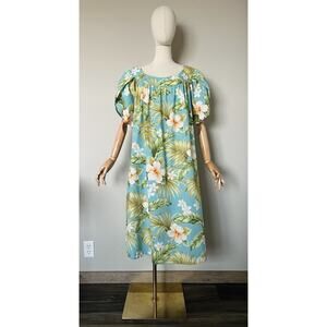 Vintage Puanani Dress 3XL Turquoise Hibiscus Hawaiian Mumu Beach Resort Lounge